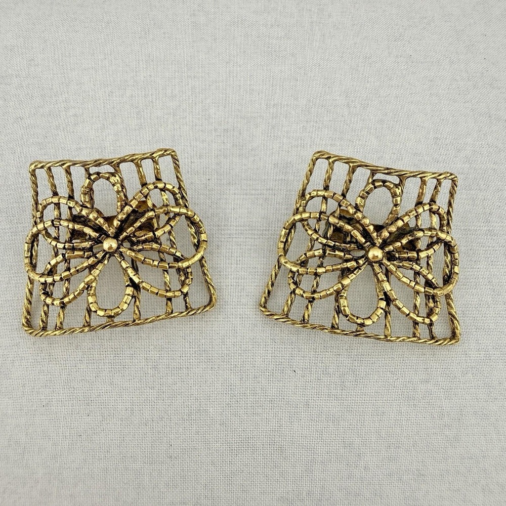Vtg Signed MUSI Shoe Clips Gold Tone‎ Mod Pop Floral Bow Openwork Braid 2" MCM